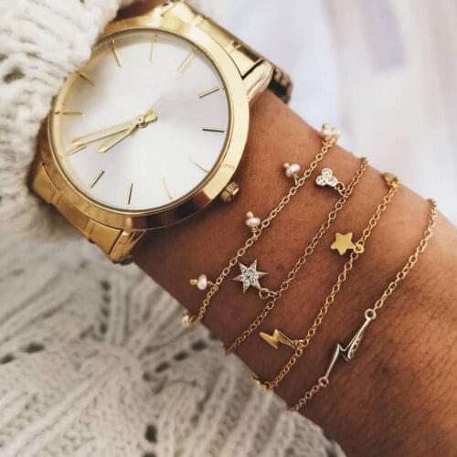 4pcs/set Fashion Boho Bracelet For Women Charm Lightning Star Imitate Pearls Beads Bracelet Set Party Jewelry Pulseira Feminina