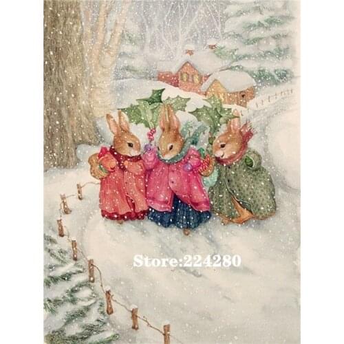 Rabbit family skiing Needlework Cross stitch 14CT Unprinted Embroidery kits Arts Cross-Stitching,DIY Handmade Home Decor