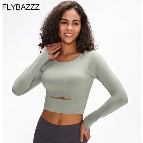 New Slim Fit Padded Gym Sport Workout Shirts Fitness Thicken Nylon Long Sleeved Crop Shirts Women Yoga Crop Top With Thumb Holes
