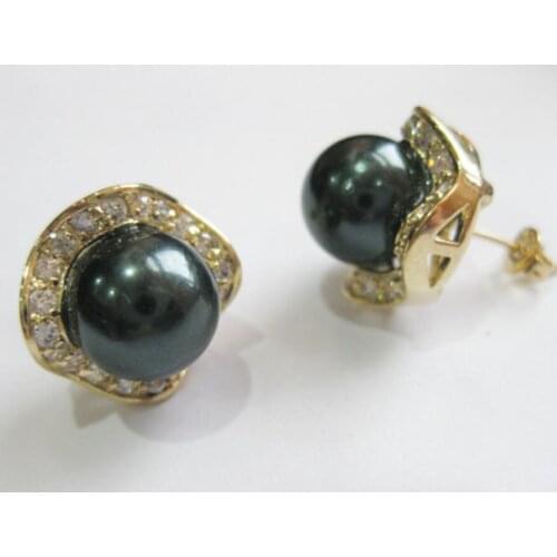 Wholesale fashion jewelry noble 8mm black round shell pearl & crystal 18kgp earring