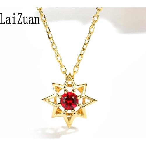 LaiZuan Real 18K (AU750) Yellow Gold Certified Round 0.10ct Genuine Natural Ruby Engagement Wedding Necklaces Women Fine Jewelry