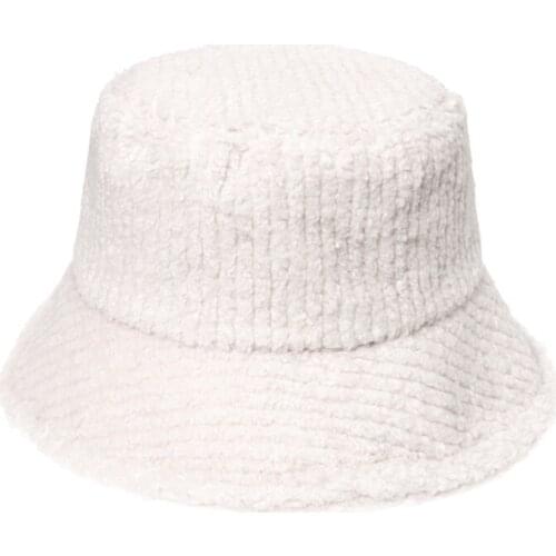 Bucket Hat in Faux Lamb Wool Fisherman Winter Autumn Outdoor Panama for Men Women with Flat Top