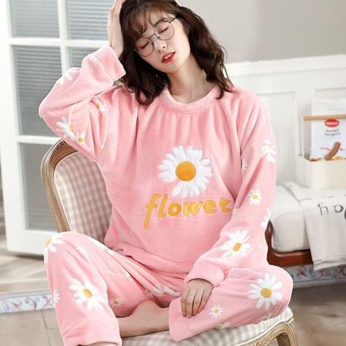2021 Womens Sleepwear Autumn Winter Flannel Pajamas Set Long Sleeve Home Clothes Cartoon Cute Nightwear Pyjama Lounge Home Suit