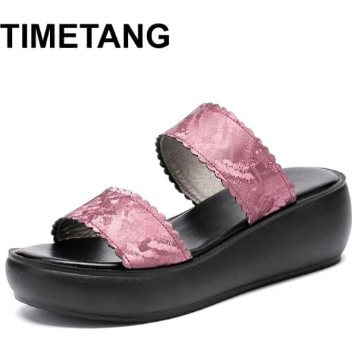 TIMETANGwomen slipper 2020 genuine leather ladies summer wedge slippers thick bottom fashion women flat heels slippers