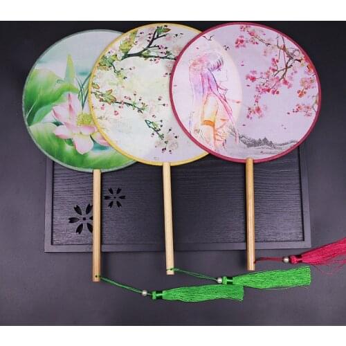 1Pc Chinese Style Vintage Lady Flower Round Hand Fan Wedding Dance Bamboo Handle Silk Cloth Fan
