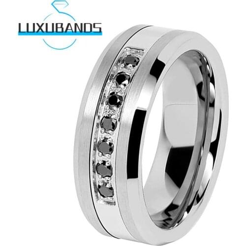 Tungsten Wedding Rings 8MM For Men Women Beveled Edges Black Cubic Zircon Brushed Finished Comfort Fit