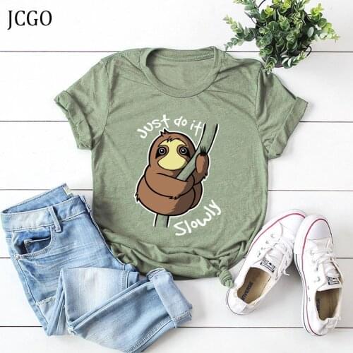JCGO Women T-shirt Summer Short Sleeve Cotton Plus Size S-5XL Funny Lazy Sloth Print Casual O Neck Female Basic Tshirt Tees Tops
