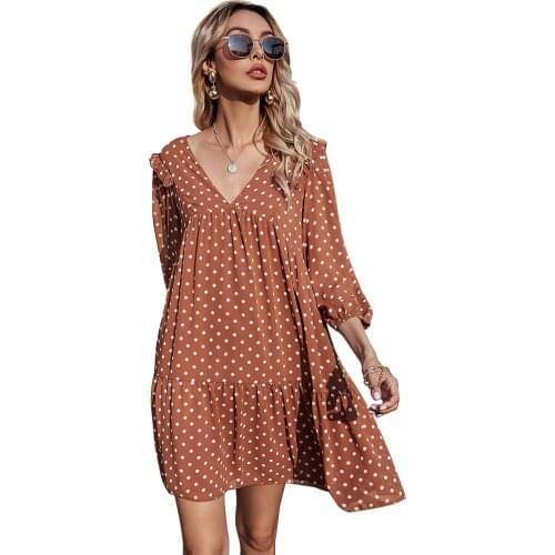 Women Polka Dots Print Deep V Neck Three Quarter Sleeve Ruffle Chiffon Dress Casual Loose Streetwear Beach Party Holiday Dresses