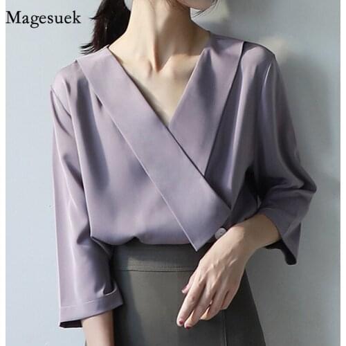Korean 2021 Summer V-neck Shirts Women Seven Sleeve Chiffon Women Blouses Button Plus Size Female Clothing Bluzka Damska 14759