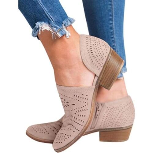 2021 Fashion Women Boots Spring Summer Block Low Heel Ladies Booties PU Leather Hollow Out Ankle Platform Shoes