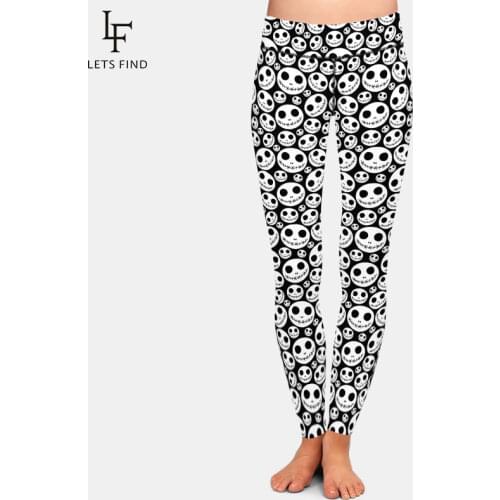 LETSFIND 2020 3D Halloween Pattern with Skeleton Faces Digital Print Leggings High Waist Soft Women Fitness Leggings Plus Size