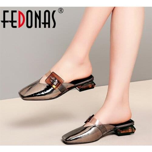 FEDONAS Mules Shoes Women Sexy Pumps Big Buckle Decoration Small Sqaure Toe Low Heels Spring Summer Pumps Nigh Club Shoes Woman