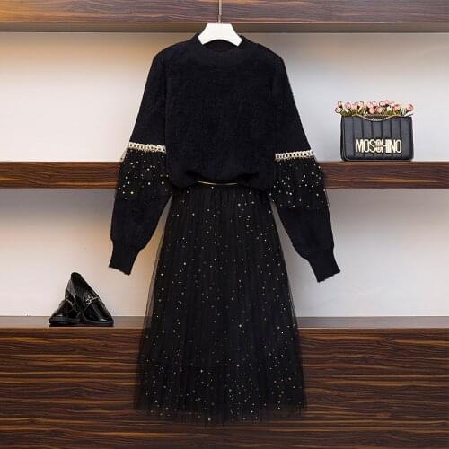 Plus size winter warm mink sweater and elastic waist nesh long skirts set women black christmas pleated midi skirt suits 2019