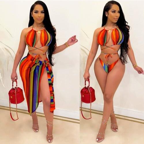 Colorful Striped Print Cut Out Swimsuit Set Female Bohemian Beachwear Halter Bikini Top And Shorts And Asymmetrical Skirt 2021