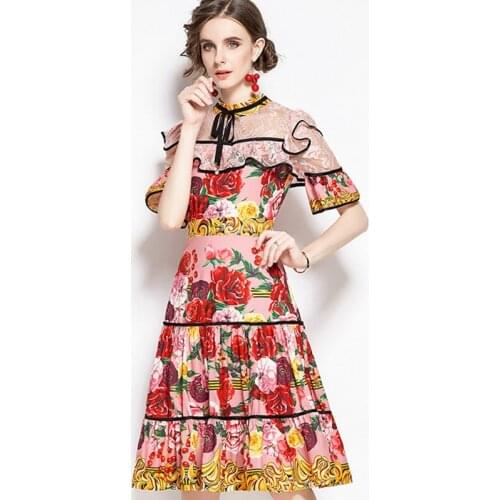 Runway Red Rose Floral Sweet Dress Womens Bow Pearls Stand Collar Ruffles Lace Patchwork Flower Print Summer Dress k9235