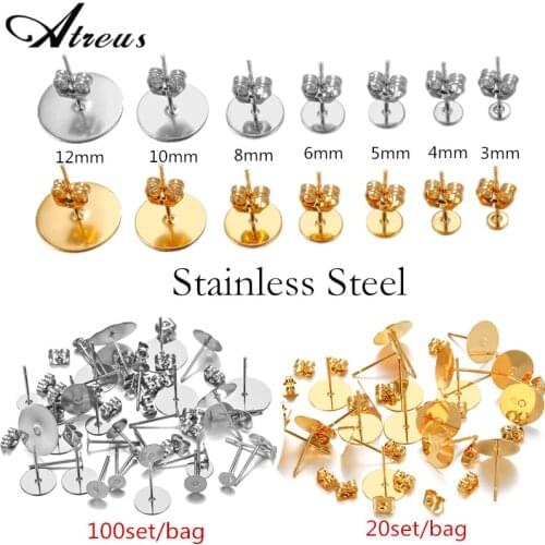 20-100set/bag Gold Stainless Steel Blank Post Earring Studs Base Pins With Earring Plug Findings Ear Back For DIY Jewelry Making