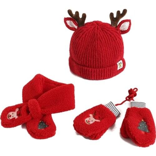 28EC Toddler Kids Christmas 3pcs Reindeer Antlers Beanie Hat Plush Scarf Gloves Set