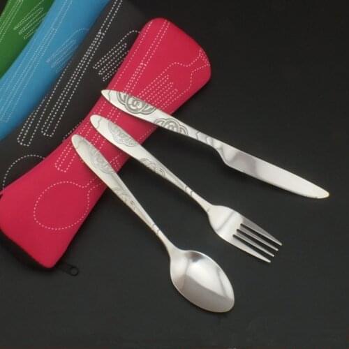 3pcs/Set Portable Stainless Steel Spoon Fork Steak Knife Set Travel Cutlery Tableware with Bag Outdoor Camping Tableware Set