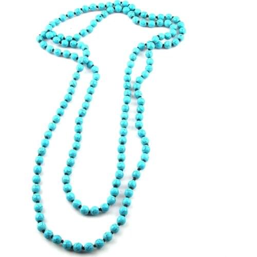 Free Shipping Fashion Bohemian Tribal Jewelry 8mm Blue Faceted Stones long Knotted Necklace