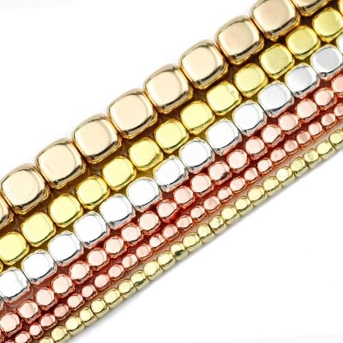 Rose Gold Silvers Square Cube Hematite 2/3/4/6MM Natural Stone Spacer Loose Beads For Jewelry Making Diy Bracelets Accessories