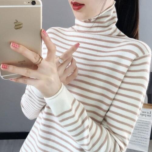 Elegant Ladies Turtleneck Striped Sweater Knit Bottoming Shirt Autumn Winter 2021 Womans Pullover Top Slim-fit Inner Sweater