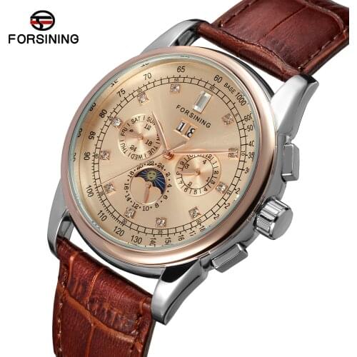 FSG319M3T5 Forsining Automatic self-wind dress champagne color wrist watch with moon phase for men watch with complete calendar