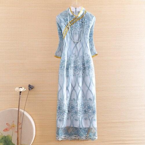 Hi-end Autumn 2020 Women Cheongsam Zen Mesh Dress Embroidery Slim Elegant Lady Chinese Style A-line Party Qiapo Dress S-XXL