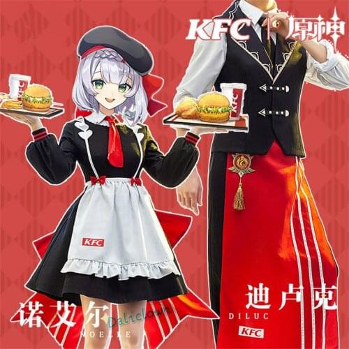 Game Genshin Impact KFC Cooperation Noelle Diluc Cosplay Costume Women Maid Outfit Dress Man Waiter Uniform Halloween Party