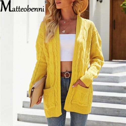 2021 Autumn Winter New Fashion Solid Tops Cardigan Long Sleeve Loose Womens Sweater Coat Knitted Pockets Ladies Street Sweater