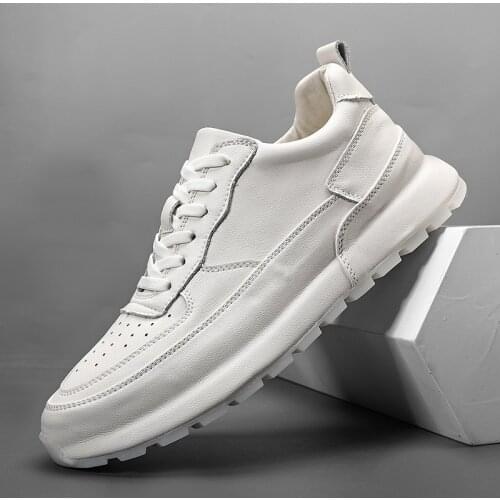 Classic White Shoes Men Lace-up Solid Sneakers Male Casual Genuine Leather Flats Soft Low Top Light Leisure Walk Board Shoes