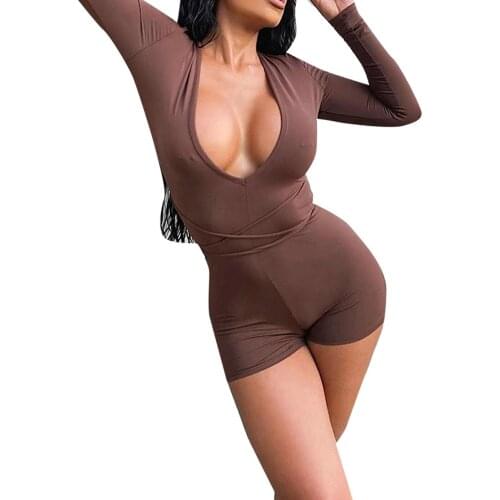 Hirigin New Women Sexy Skinny Jumpsuit Brown Long Sleeve Deep V-neck Solid Color Tight Back Drawstring Show Waist Hip Shorts Set
