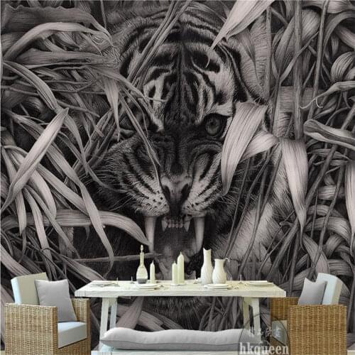 Customize 3d moisture-proof murals rolls Grass tiger black and white domineering fangs 3d photo wallpaper for walls roll
