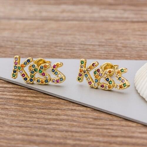 Fine Copper CZ Dainty Earrings Minimal Delicate Design Gold Color Colorful Rainbow Women Romantic Kiss Shape Stud Earrings