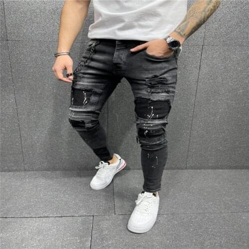 Mens Plus-Size Trousers With Holes In Print Patch Casual Fashion Trend Stretch Tight Skinny Leg Midrise Jeans