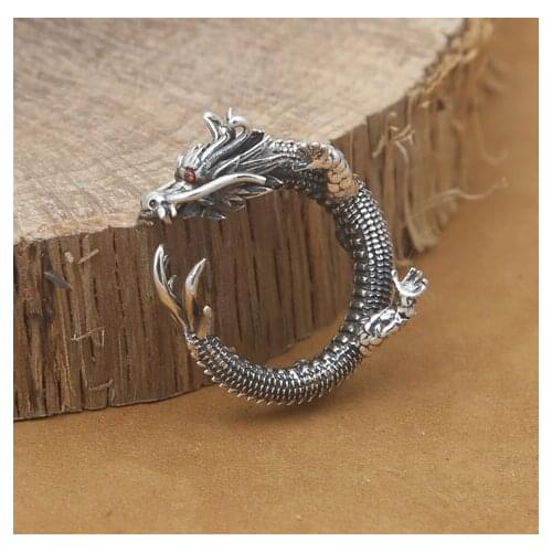 Handmade 925 Silver Dragon Ring for Men Vintage Sterling Silver Ring Dragon Man Ring Adjustable