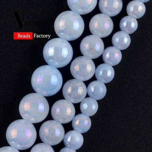Natural Light Blue Jades Plating AB Gem Baeds For Needlework Jewelry Making 4-10mm Round Spacer Beads DIY Necklace Bracelet 15"