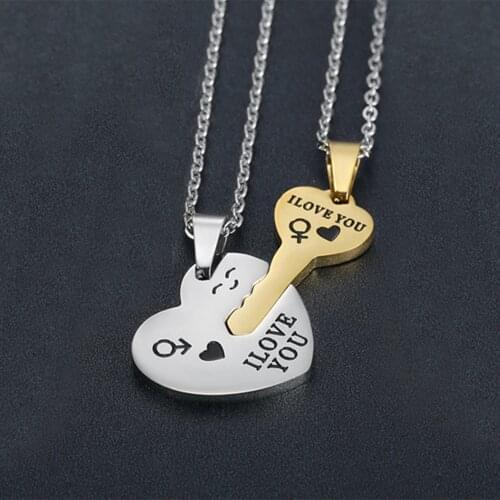 2Pcs Stainless Steel Heart Key Pendant Necklaces For Womens Lover Couple Jewelry Necklace Valentine Gift