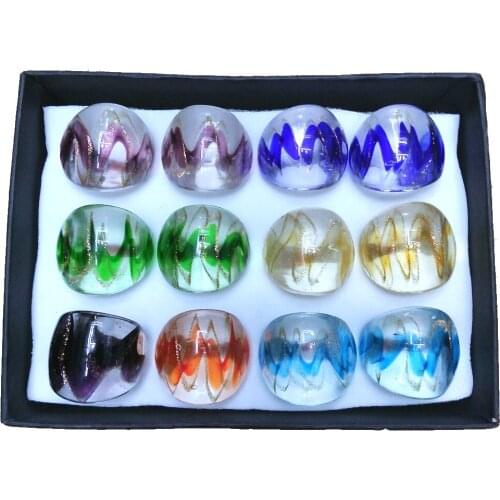 Wholesale 12pcs/lot Transparent Glass Rings, Inlay Gold And Other Colors Wavy Lines