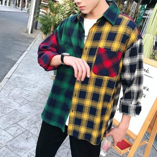 Spring and autumn new mens shirt long-sleeved casual cotton plaid shirt stitching shirt mens street single-breasted top