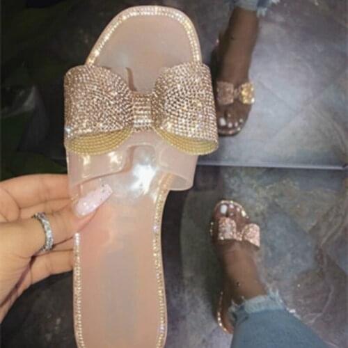 Handmade Women Slippers Open Toe Bling Rhinestone Bowknot Ladies Flip Flops Party Woman Shoes Casual Flat with Slides for Female