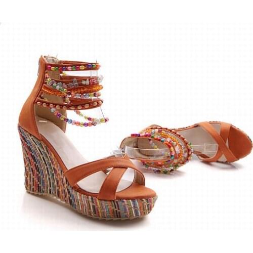 Summer Womens High Heels Sandals Fashion Colorful Beads Wedges Platform Bohemian Style Sandal Ladies Plus Big Size 34-43 PW080