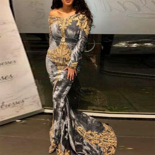 Gray Velour Moroccan Kaftan Evening Dress With Gold Applique Lace Beading Muslim Formal Dubai Dress Long Sleeves Prom Gown