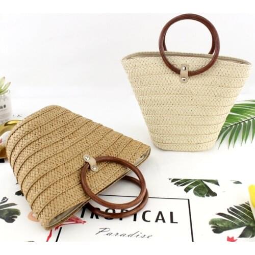 New style ring handle straw bag bucket bag handmade woven casual beach handbag
