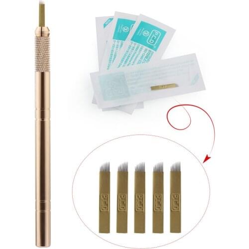 Golden Tebori 3D Tattoo Pen + 5 Pcs 12 Pins Microblading Tattoos Needles Permanent Makeup Manual Professional Eyebrow Tattoo Set
