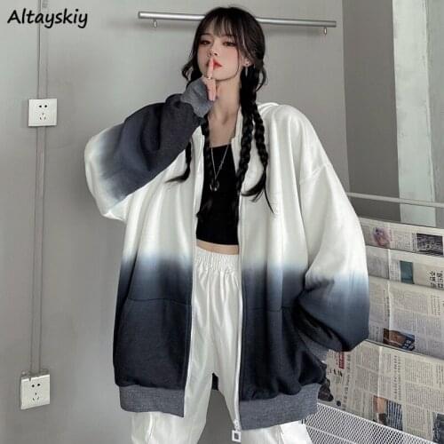 Hoodies Women Fall Gradient Color Casual Long Sleeve Hooded Zip-up Lady Harajuku Student All-match Teens BF Streetwear Outerwear