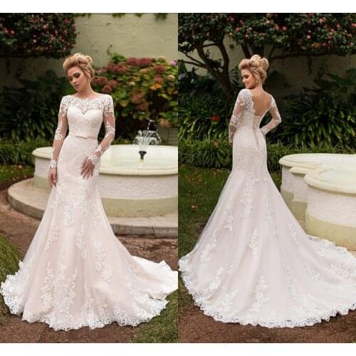 Custom made Unique Lace Long Sleeves white ivory Open Back Simple Elegant Wedding Dress tulle lace Train Bridal Gowns
