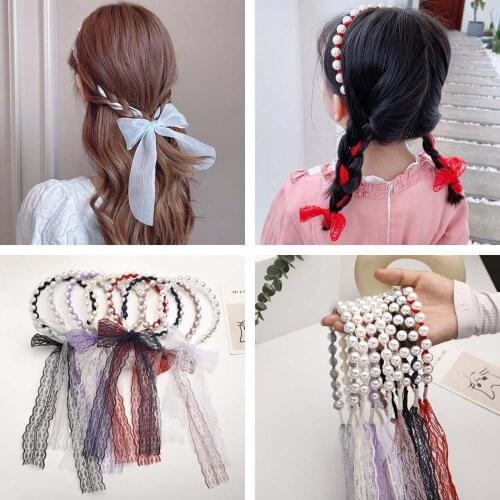Cute Bow High Elastic Women Gir Pearl Headdress Lace Hair Tie Rope Cute Bunny Hair Ring