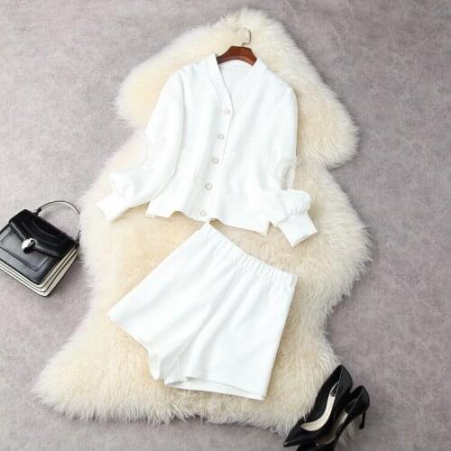 European and American womens wear for spring 2021 Seven-point sleeve stud beaded single breasted hoodie shorts Fashion suits