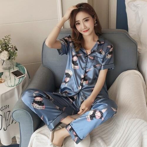 Women Sleepwear 2021 Spring Pajamas Fake Silk Print Sweet Pyjamas women Set Girl Nightgown Short Pant Cute Silk Pajamas Sets