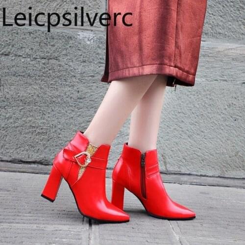Womens Boots Autumn And Winter The New Pointed zipper belt bucke Thick heel High heel Short tube Womens shoes plus size 32-47